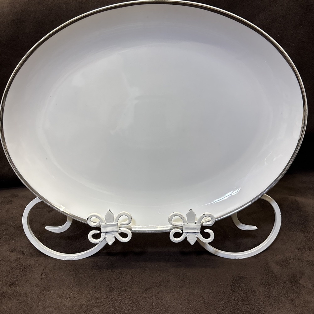 Harmony House Moderne  Fine China Oval Serving Platter Silver Trim 12"